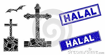 Cemetery Mosaic and Scratched Rectangle Halal Seals Vector Illustration