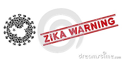 Collage Chinese Virus Icon with Textured Zika Warning Line Stamp Vector Illustration