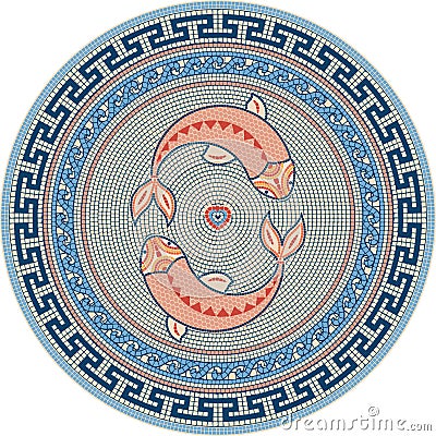 Mosaic circular ornament in Greek style marine motifs Vector Illustration