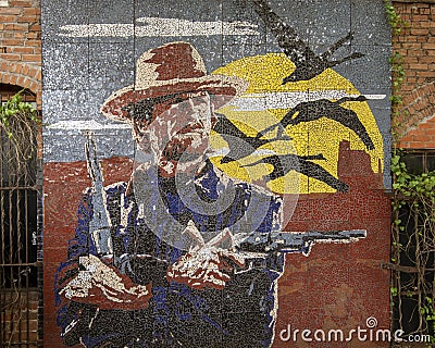 Mosaic of Clint Eastwood as the Outlaw Josey Wales in Deep Ellum in East Dallas, Texas. Editorial Stock Photo