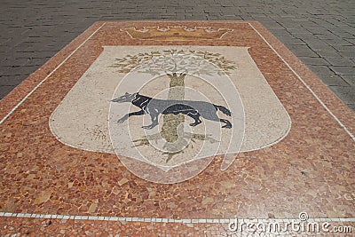 Mosaic with the coat of arms of the city of Lecce in Sant'Oronzo square. Editorial Stock Photo