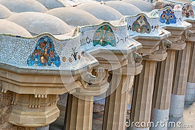 Mosaic colonnade at park Guell in Barcelona Stock Photo