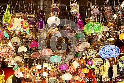 Mosaic colorful Ottoman lamps from Grand Bazaar in Istanbul, Turkey. Lanterns market in Istanbul Stock Photo