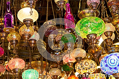 Mosaic colorful Ottoman lamps from Grand Bazaar in Istanbul, Turkey. Lanterns market in Istanbul Stock Photo