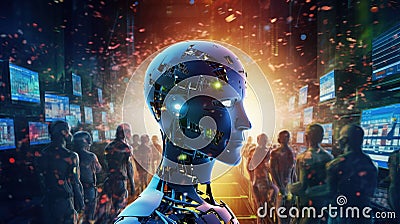 A mosaic composition featuring different robotic characters in various environments, showcasing the diversity of artificial Stock Photo