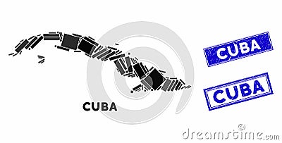 Mosaic Cuba Map and Distress Rectangle Stamps Stock Photo