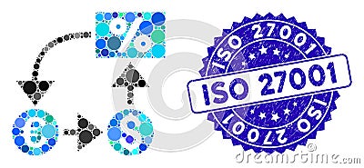 Mosaic Currency Cashflow Icon with Grunge ISO 27001 Seal Vector Illustration
