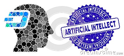 Mosaic Dash Imagination Icon with Textured Artificial Intellect Stamp Vector Illustration