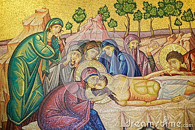 Christ& x27;s body being prepared after his death - mosaic in Jerusalem Editorial Stock Photo