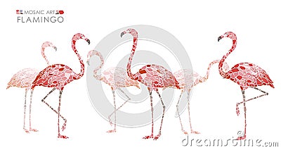 Flock Of Pink Flamingos Illustration Composed Of Mosaic Pieces Isolated On A White Background. Vector Illustration