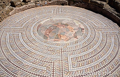 Mosaic floors - battle of Theseus and Minotaur in labyrinth,Cyprus Stock Photo