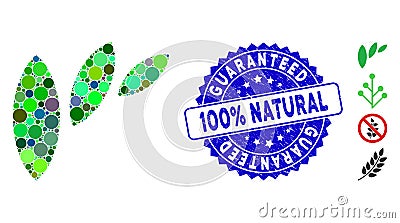 Mosaic Flora Leaf Abstraction Icon with Distress Guaranteed 100 Percent Natural Stamp Vector Illustration