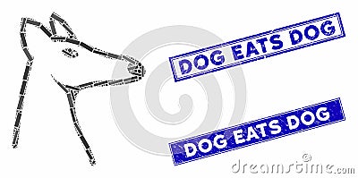 Fox Head Mosaic and Grunge Rectangle Dog Eats Dog Seals Vector Illustration