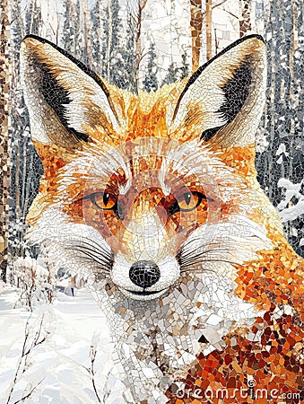 Mosaic fox portrait showcasing intricate tessellated patterns in a serene snowy forest setting. Generative AI Stock Photo