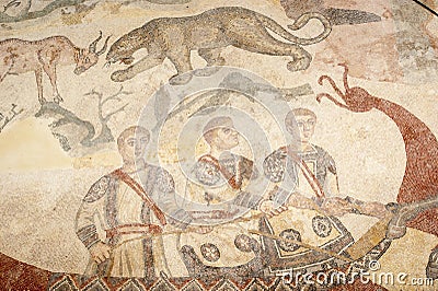 Mosaic fragment Roman Villa Romana del Casale, Sicily Editorial Stock Photo
