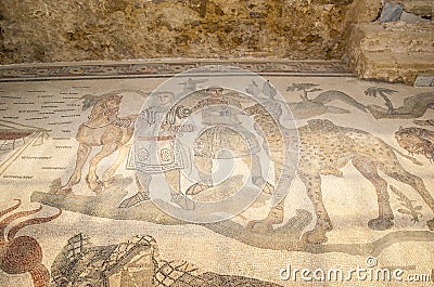 Mosaic fragment Roman Villa Romana del Casale, Sicily Editorial Stock Photo