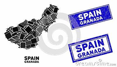 Mosaic Granada Province Map and Scratched Rectangle Stamp Seals Stock Photo