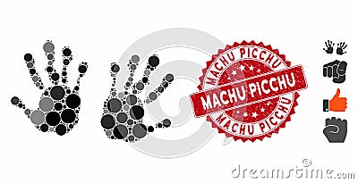 Mosaic Hand Prints Icon with Distress Machu Picchu Stamp Stock Photo