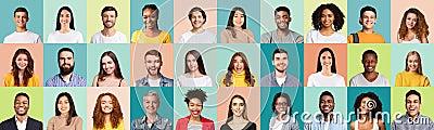 Mosaic Of Happy Females And Males Portraits Over Colored Backgrounds Stock Photo