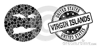 Mosaic Hole Circle Map of American Virgin Islands and Watermark Stamp Vector Illustration