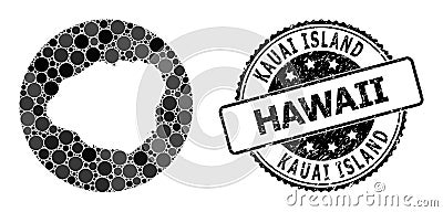 Mosaic Hole Circle Map of Kauai Island and Rubber Stamp Vector Illustration