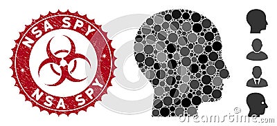 Collage Human Head Icon with Scratched NSA Spy Seal Vector Illustration