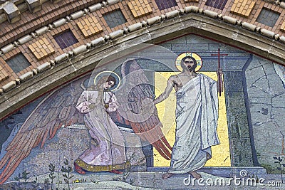 Mosaic images of saints on the walls of the Cathedral of the Savior on Spilled Blood in St. Petersburg Editorial Stock Photo