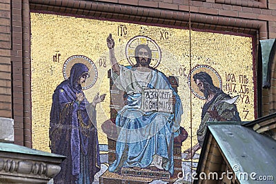 Mosaic images of saints on the walls of the Cathedral of the Savior on Spilled Blood in St. Petersburg Editorial Stock Photo