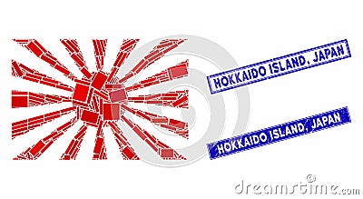 Japanese Rising Sun Mosaic and Distress Rectangle Hokkaido Island, Japan Stamp Seals Stock Photo