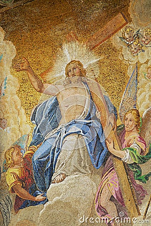 Mosaic of Jesus Christ enthroned in paradise at Saint Mark`s Basilica in Venice, Italy. Editorial Stock Photo