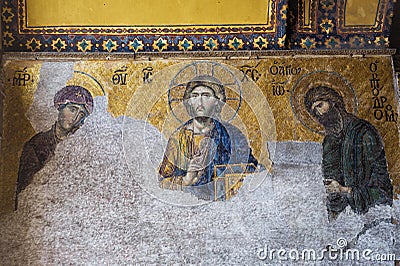 Mosaic of Jesus Christ old which is known as Pantocrator. With the Virgin Mary and John Baptist inside the Hagia Sophia mosque, Is Editorial Stock Photo