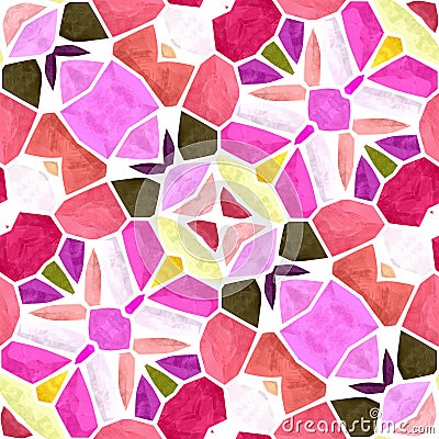 Mosaic kaleidoscope jewel seamless pattern background - cute pink orange khaki colored with white grout Stock Photo