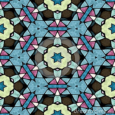 Mosaic kaleidoscope seamless pattern background - multi colored with black grout Stock Photo