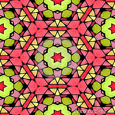 Mosaic kaleidoscope seamless pattern background - pink green yellow colored with color black grout Stock Photo