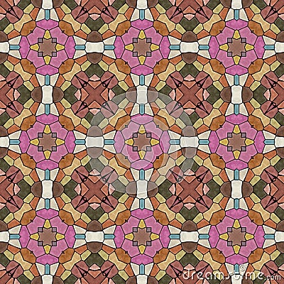 Mosaic kaleidoscope seamless pattern background - beige, brown, mauve, pink, khaki, yellow, ivory and blue colored with Stock Photo