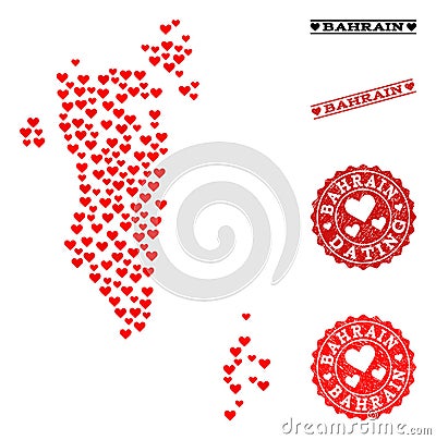 Lovely Mosaic Map of Bahrain and Grunge Stamps for Valentines Vector Illustration