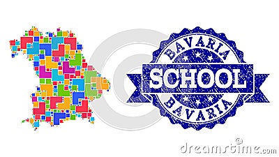 Mosaic Map of Bavaria State and Grunge School Stamp Collage Vector Illustration