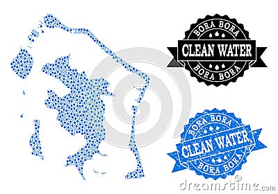 Mosaic Map of Bora-Bora with Water Tears and Grunge Stamp Seal Vector Illustration