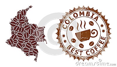 Mosaic Map of Colombia with Coffee and Distress Stamp for Best Coffee Cartoon Illustration