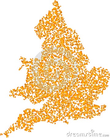 Mosaic Map of England - Gold Composition of Shard Fractions in Yellow Tints Vector Illustration
