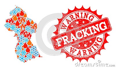 Mosaic Map of Guyana of Flame and Snow and Fracking Warning Grunge Stamp Vector Illustration