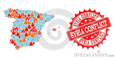 Mosaic Map of Spain of Flame and Snow and Syria Conflict Scratched Seal Vector Illustration