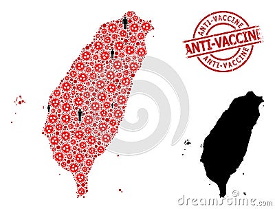 Rubber Anti-Vaccine Watermark and Demographics with SARS Virus Mosaic Map of Taiwan Vector Illustration