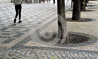 city â€‹â€‹street promenade mosaic cobblestone paving marble forming shapes alley linden in steel bars people walking on sidewalk Stock Photo