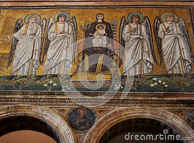 Mosaic of Mary Jesus and angels, Basilica of Sant Apollinare Ravenna Italy Editorial Stock Photo