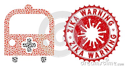 Collage Medical Bus Icon with Coronavirus Textured Zika Warning Seal Vector Illustration