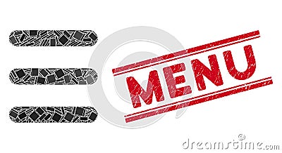 Menu Items Mosaic and Distress Menu Stamp Seal with Lines Vector Illustration