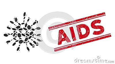 Mosaic Microbe Icon with Grunge AIDS Line Stamp Vector Illustration