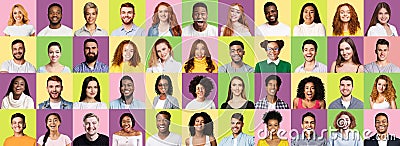 Mosaic Of Multicultural People Faces Smiling Over Colorful Studio Backgrounds Stock Photo