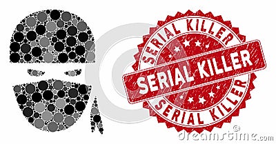 Mosaic Ninja Head with Distress Serial Killer Stamp Vector Illustration